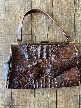Rare1930's Vintage Dark Brown Hornback Alligator Skin Handbag with paws